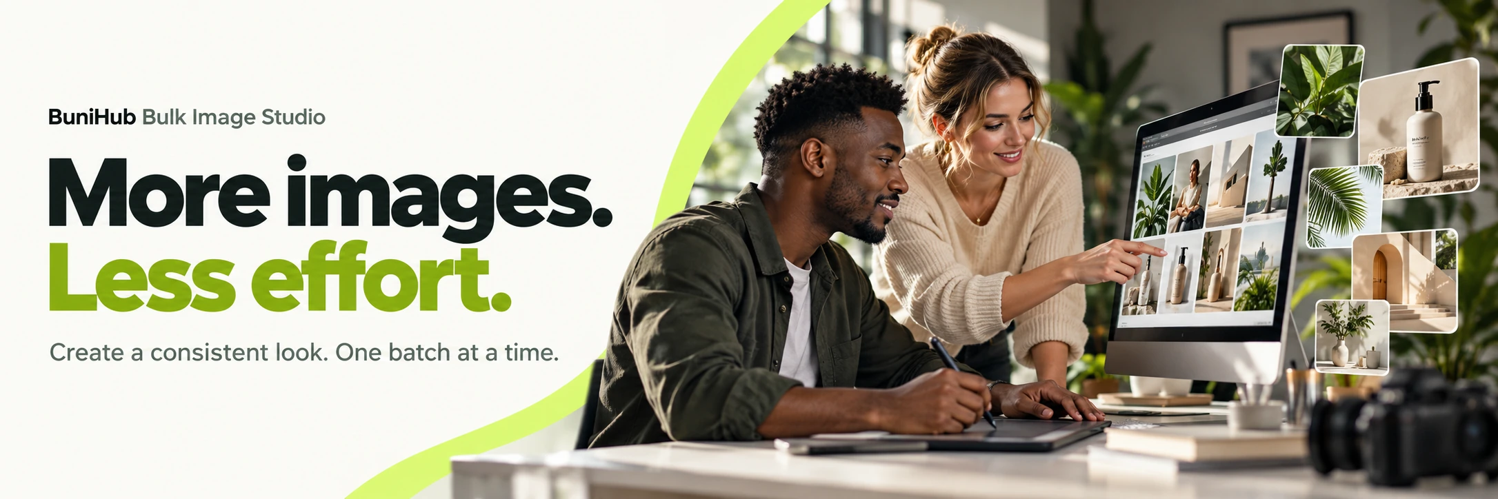 A Black man and a white woman reviewing an image collection at a creative desk.