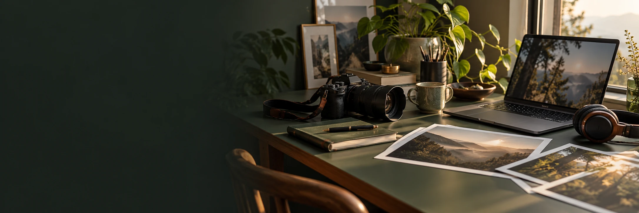 A carefully arranged creative desk with a camera, laptop and notebook.