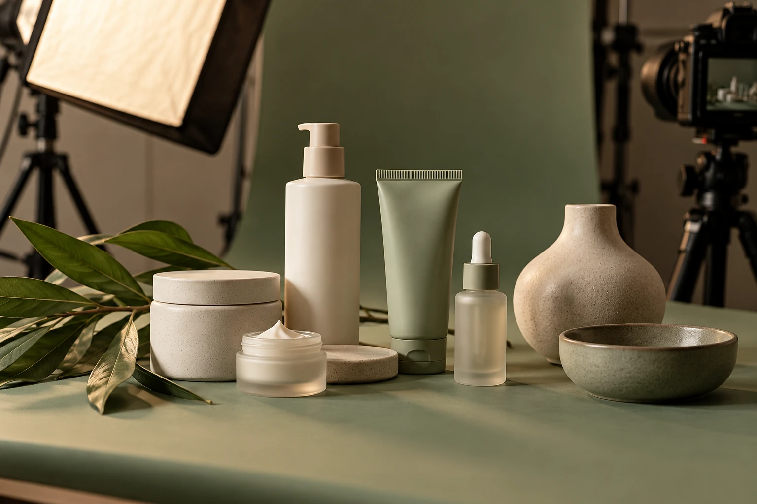 A coordinated product photography arrangement in soft green and neutral tones.