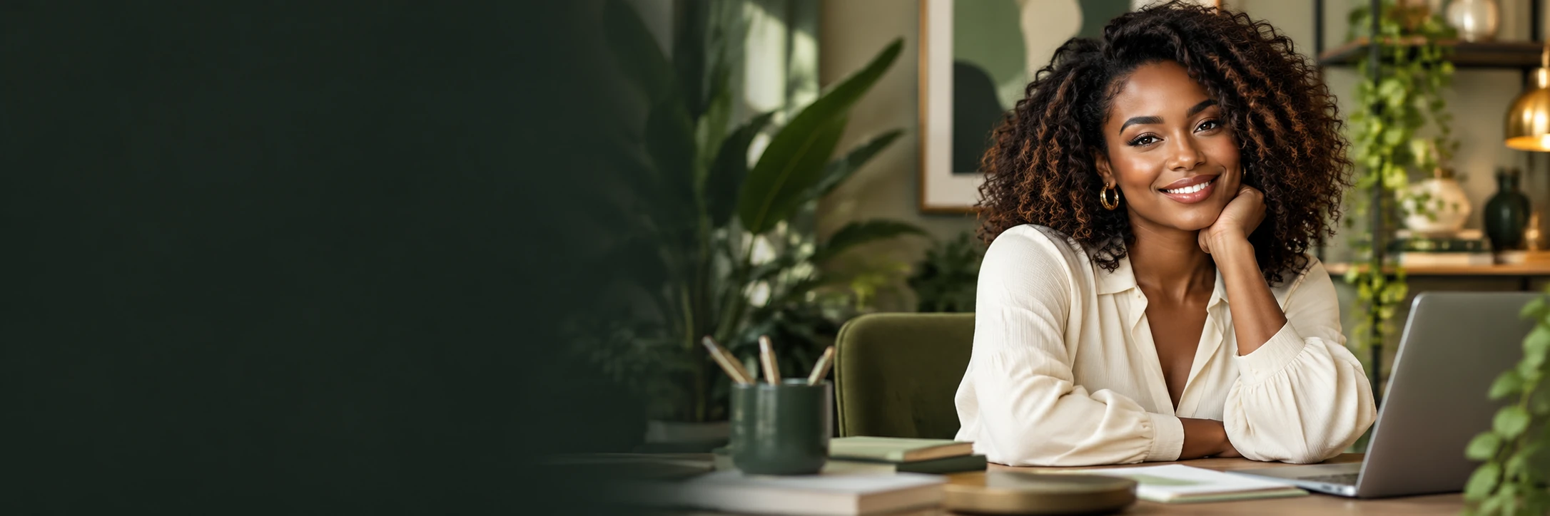 An elegant Black woman in a welcoming creative studio.