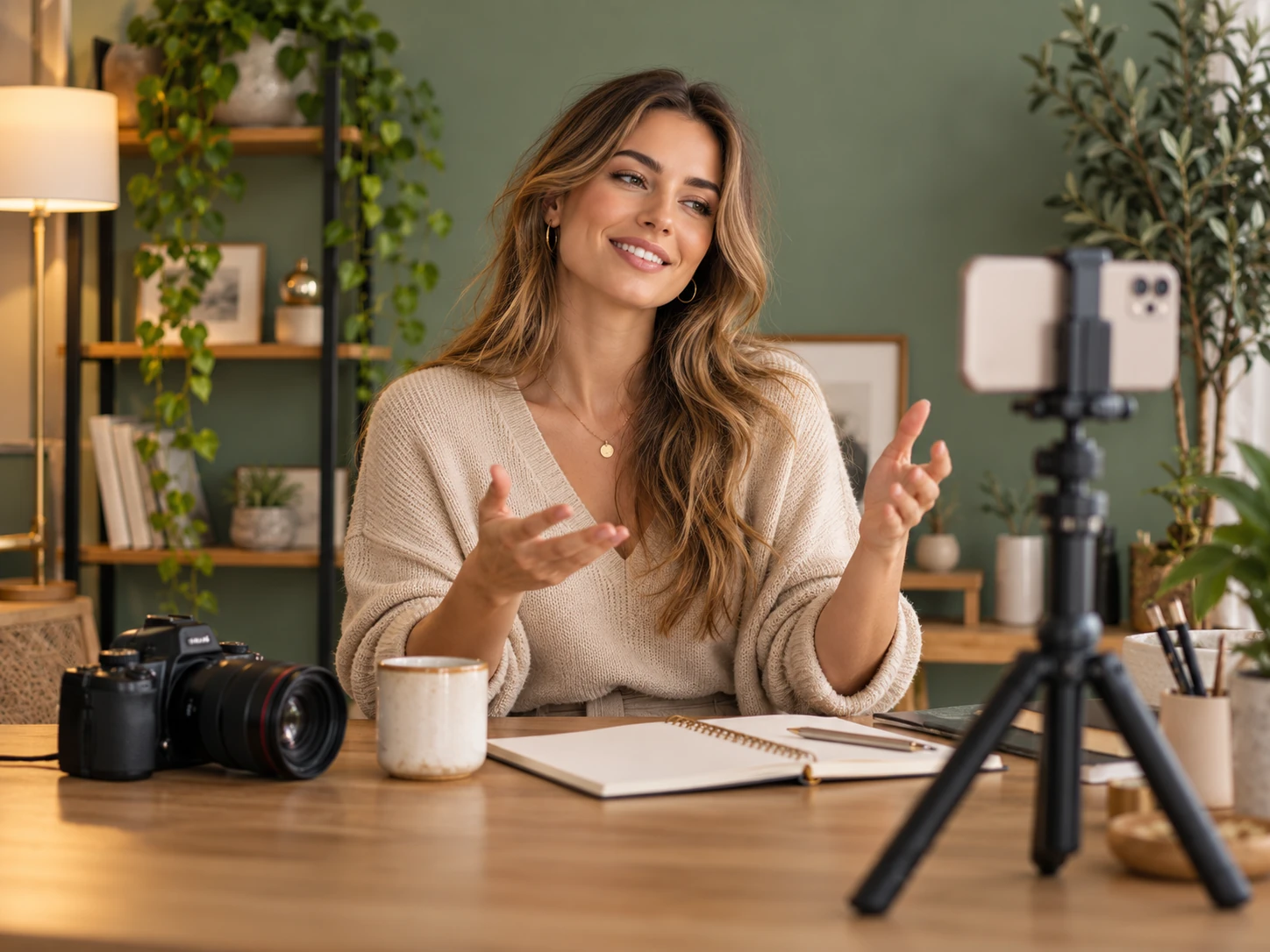 A woman planning a smartphone video in a creative studio.