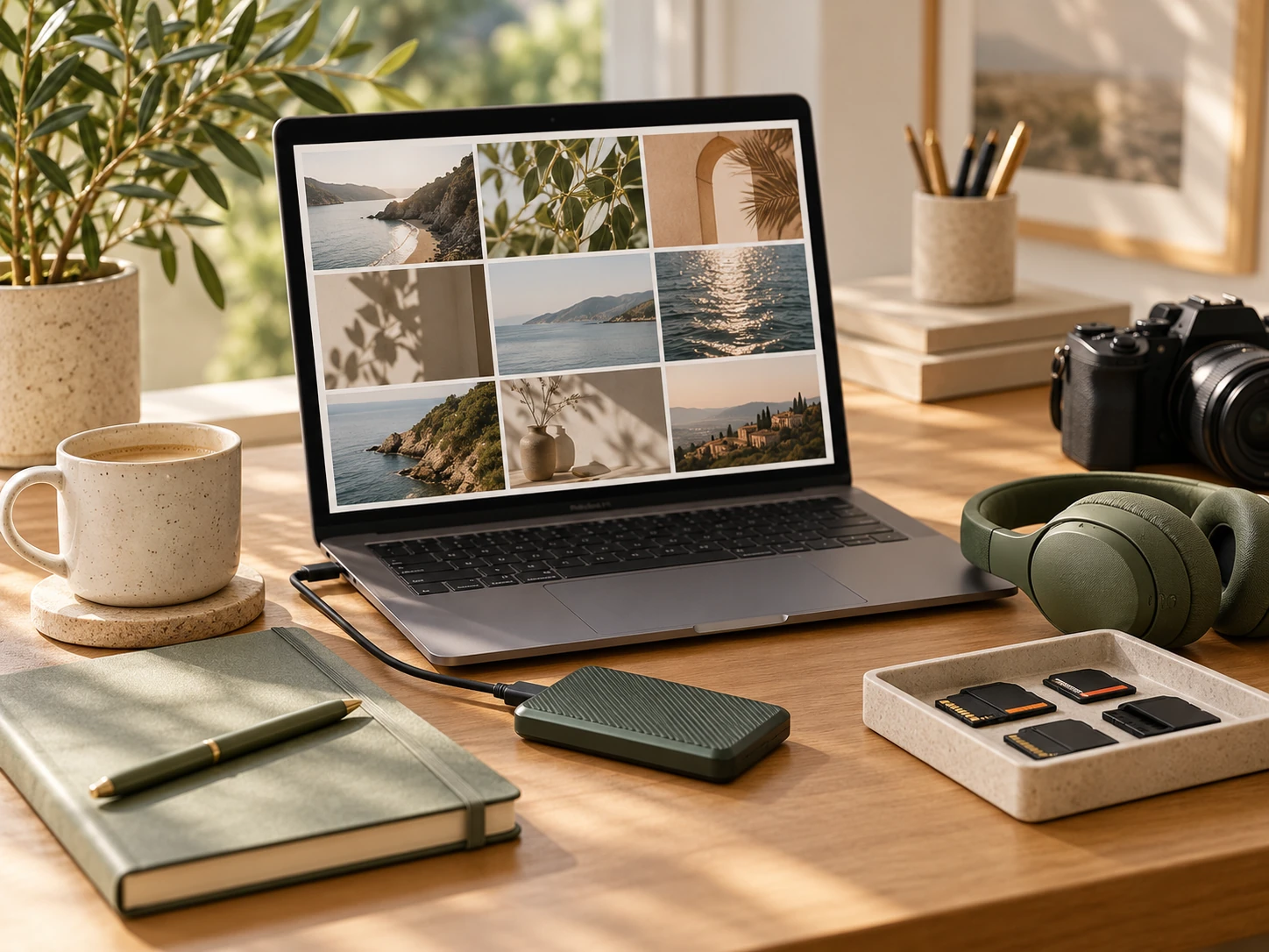 An organised creative desk with a laptop, storage drive and accessories.