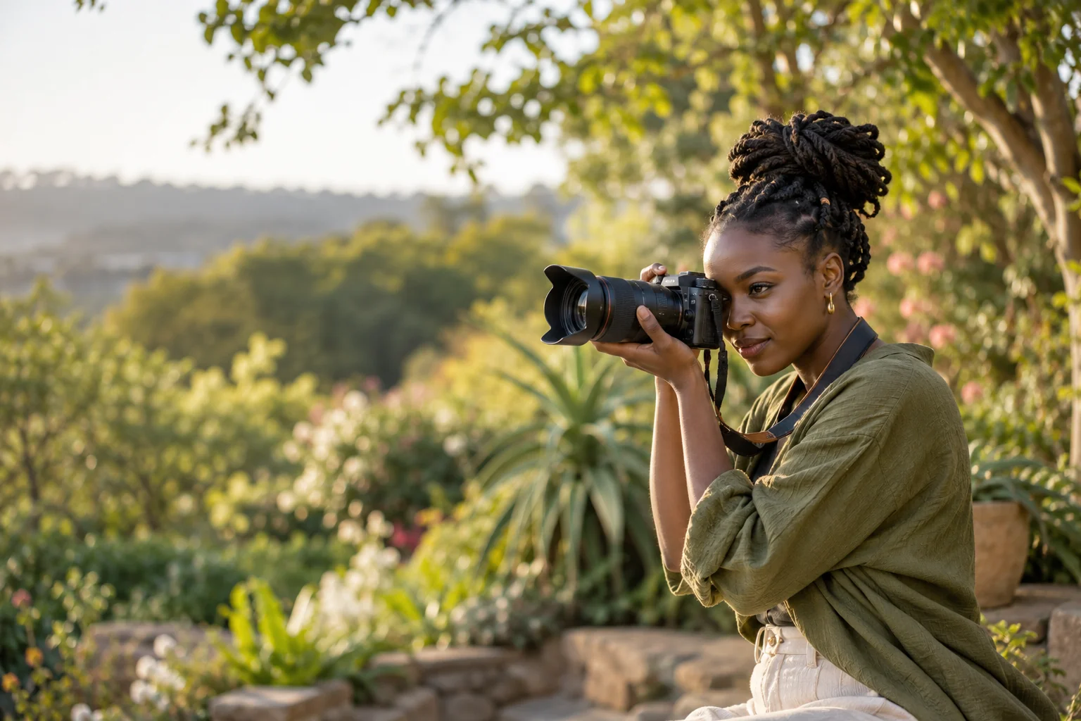 A Black photographer composing a portrait outdoors.