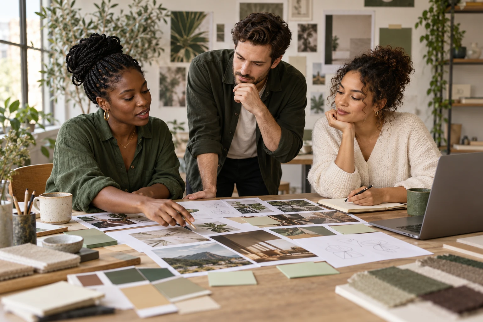 A diverse group of team members reviewing ideas at a studio table.