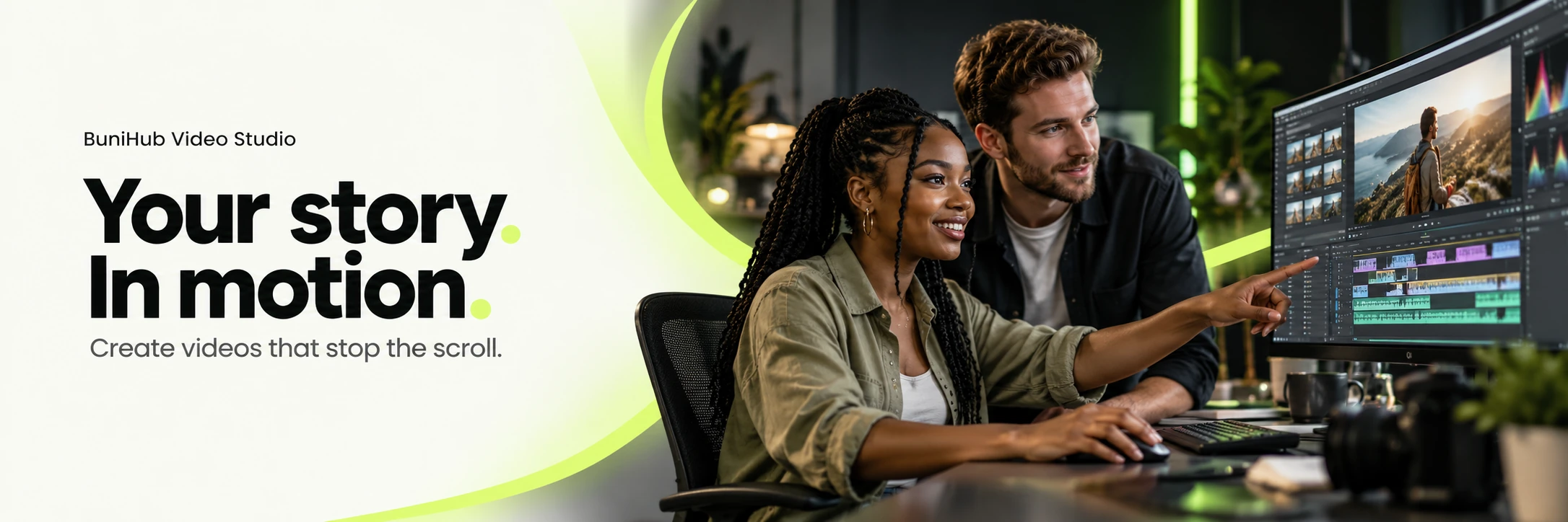 A Black woman and a white man working in a video editing studio.